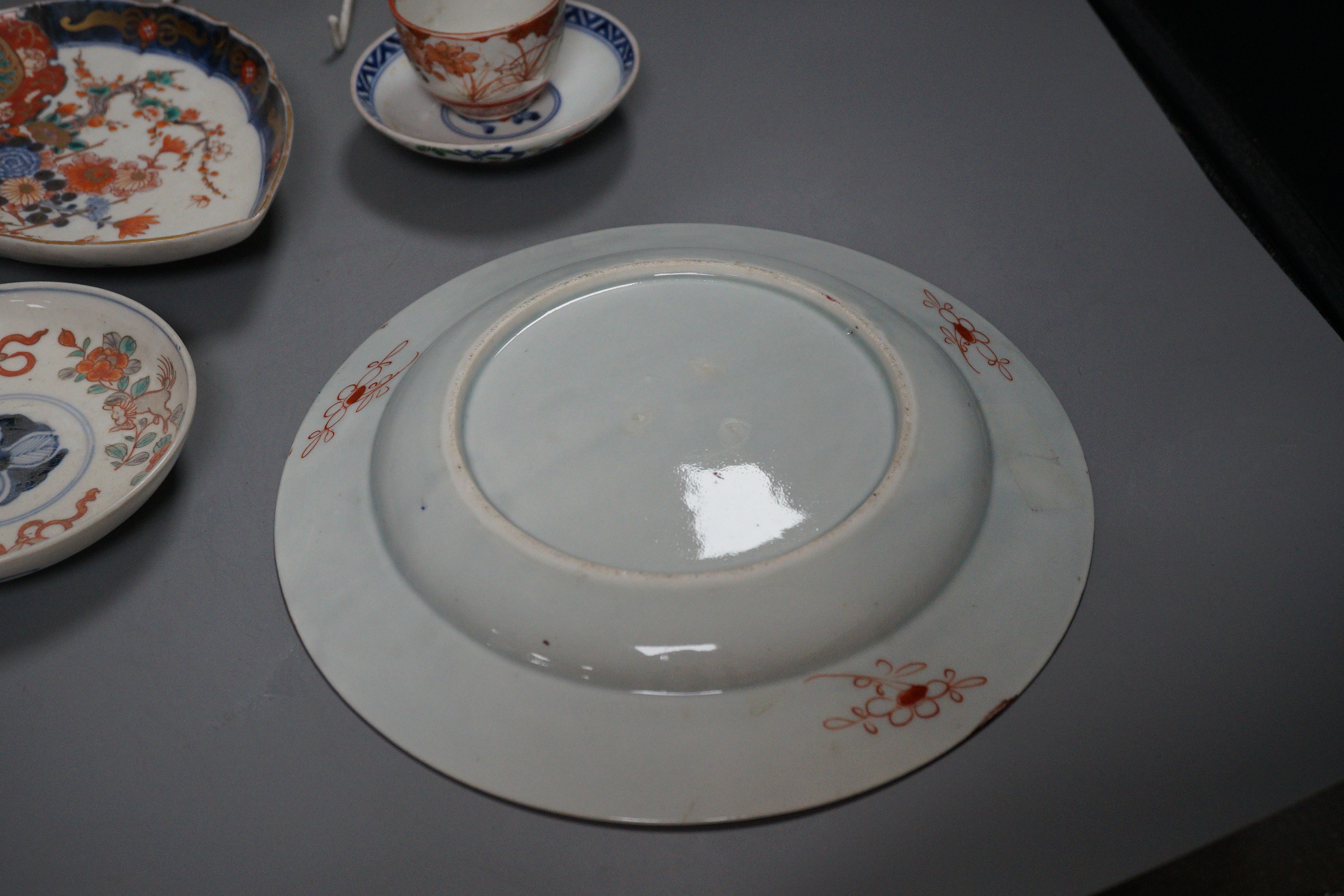 A Samson ovoid armorial jar, a Samson plate, a pair of Imari leaf dishes and three other Chinese/Japanese items